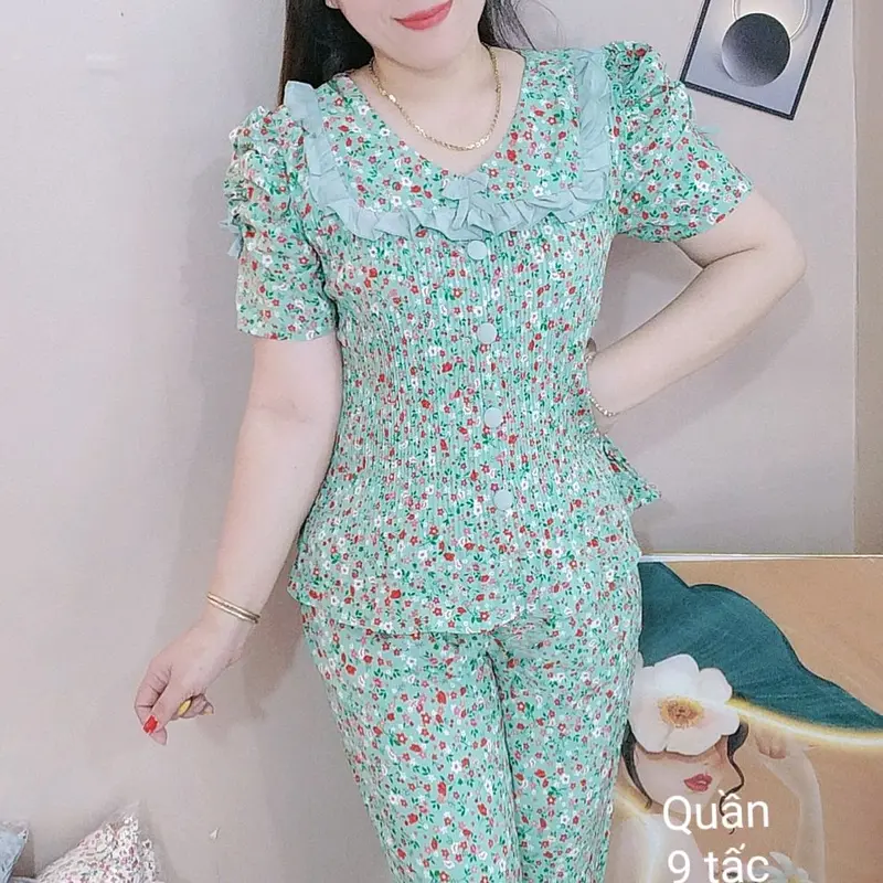 (M6Quần 8 tấc)Đồ bộ nữ áo dập ly tay búp phồng vải lụa hàn nhiều họa tiết Voi ngủ thư tiểu pizamanu 7