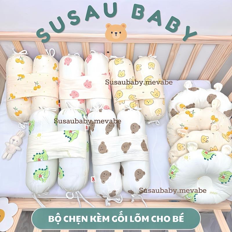 Bộ Chẹn Kèm Gối Lõm Xô Muslin Ruột Bông Siêu Mềm Mại Chống Giật Mình Cho Bé