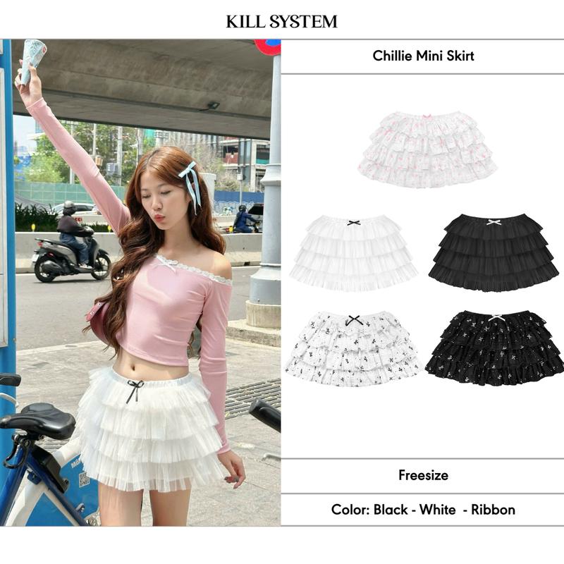 Chân váy voan tầng Chillie Kill System dáng ngắn đính nơ bồng bềnh