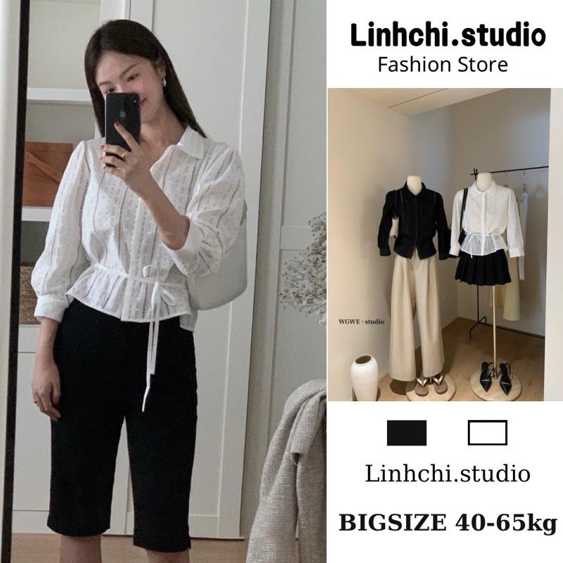XẢ HÀNG Áo sơ mi mã 130 chất ren CAO CẤP mềm hoạ tiết tay lửng có dây buộc eo_Linhchi.studi