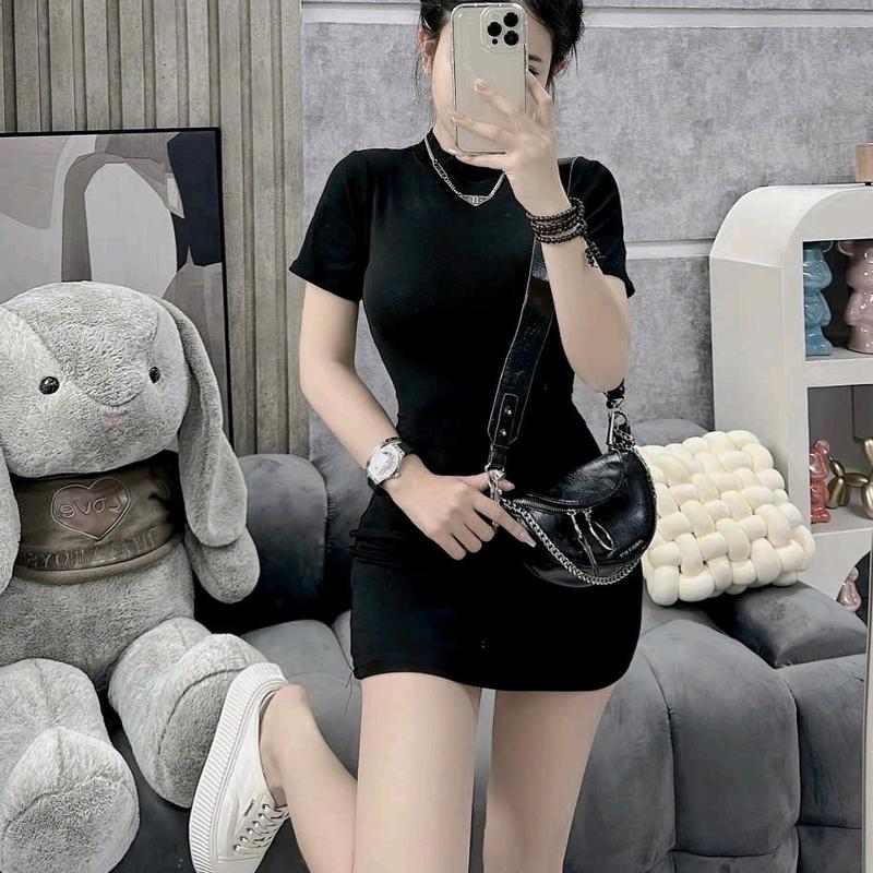Đầm thun tay ngắn cổ tròn đơn giản thanh lịch 0