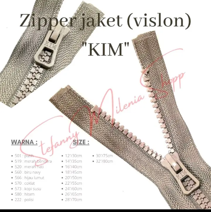 Resleting Jaket gigi kasar merk KIM / Vislon (lusinan) uk. 12"(30cm) - 32"(80cm) 0