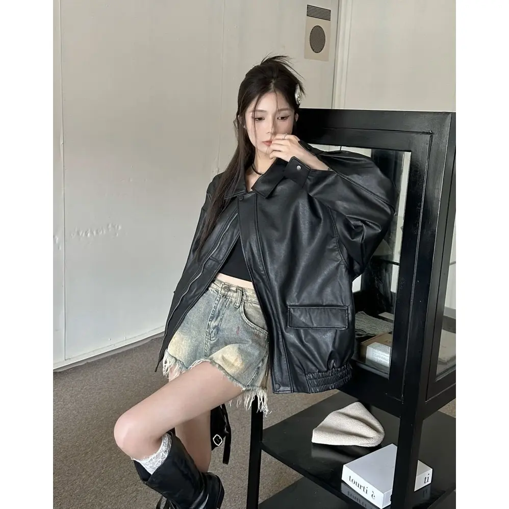 RICH-THEY Girls 'retro Ngắn Phong Cách Hàn Quốc Áo Khoác Da Dáng Rộng Đẹp Trai Áo Khoác Xe Máy | BigBuy360 - bigbuy360.vn