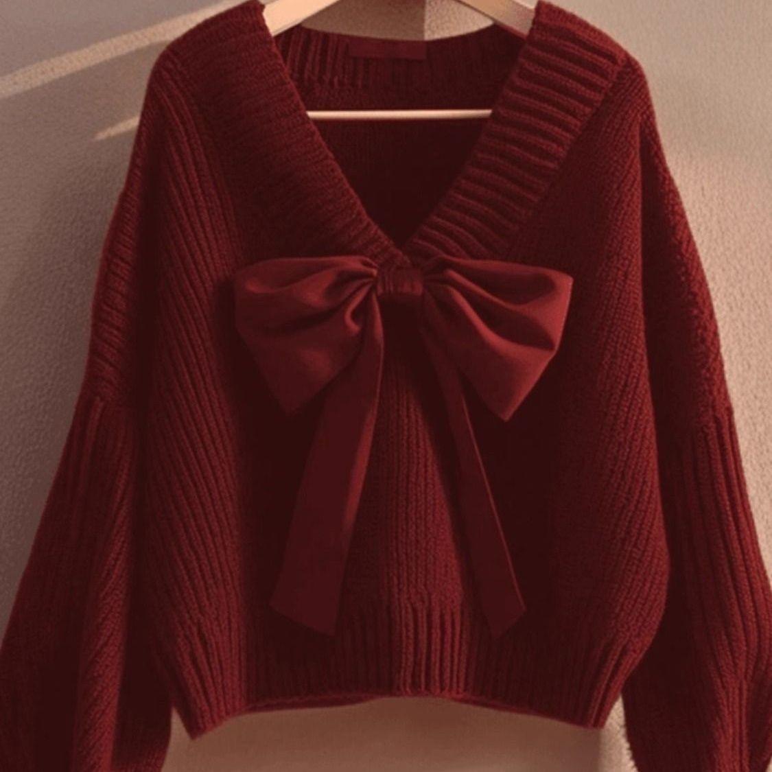 เสื้อสเวตเตอร์ผู้หญิง ดีไซน์สวย สีแดงทุกข์ทรมาน สไตล์ขี้เกียจ Niche เหมาะสำหรับฤดูใบไม้ร่วง อเนกประส