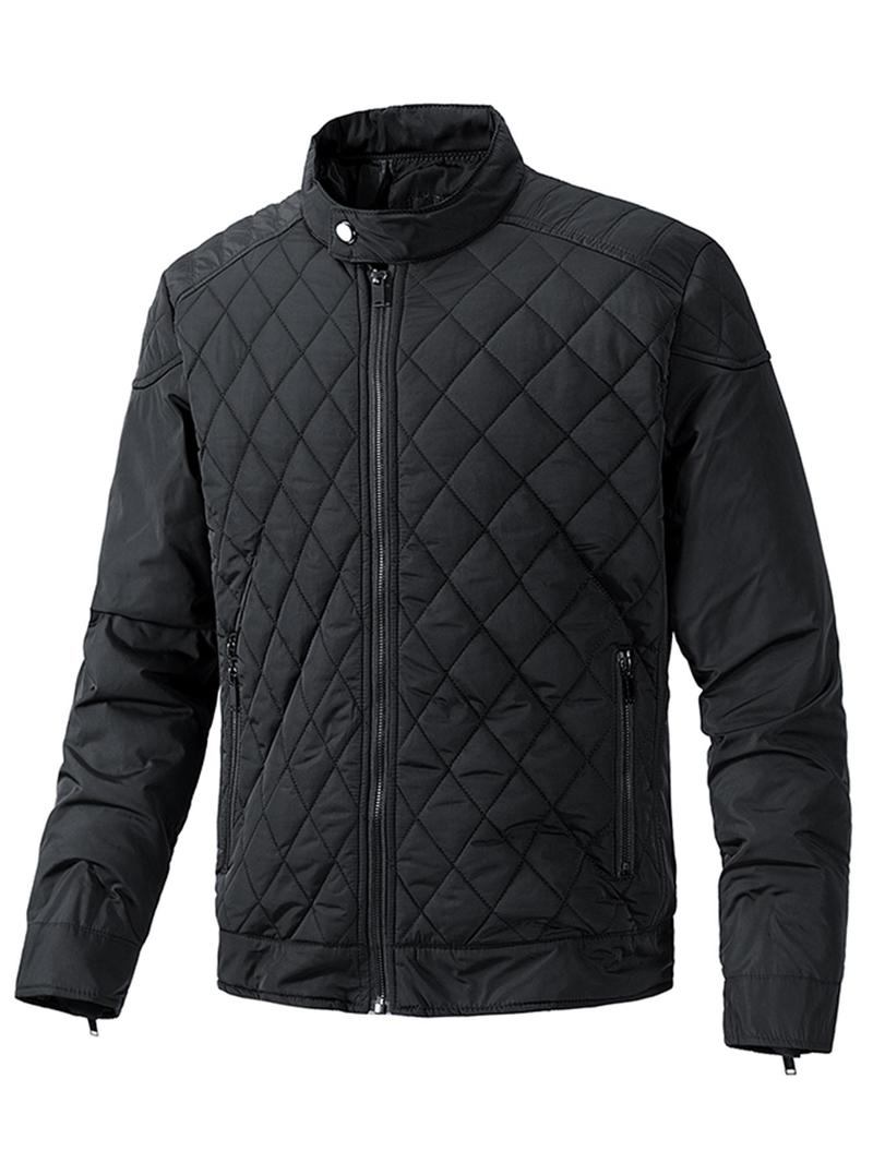 Product Introduction of Men's Solid Pocket Zipper Button Quilted Jacket, Regular Fit Casual Long Sleeve Stand Collar Outerwear for Fall & Winter, Men's Clothes for Daily Wear 2
