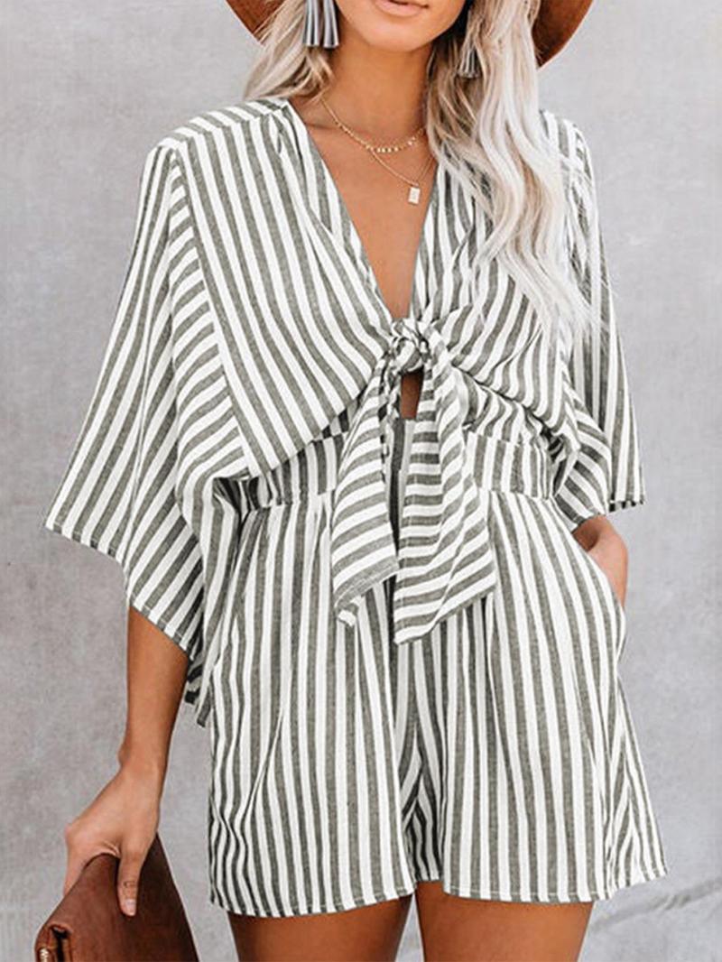 Product Introduction of Women's Striped Print Knot Front Romper, Casual Batwing Sleeve Pocket Jumpsuit, Ladies Clothes for Summer Daily Wear 1