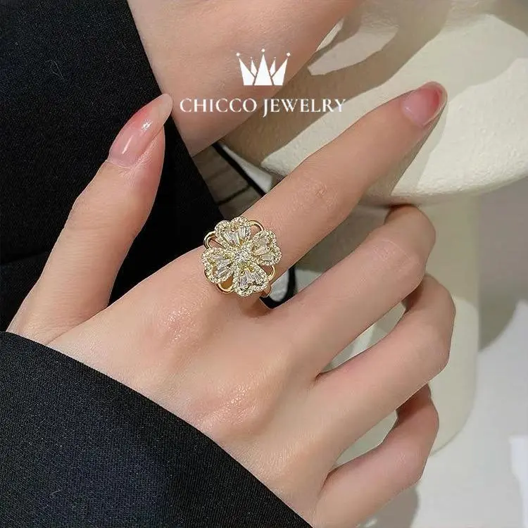 Cincin paduan tembaga, cincin bunga hati berputar untuk wanita, cincin terbuka dengan zirkon penuh yang sangat berkilau, produk populer Rings rin CHICCO JEWELRY 21