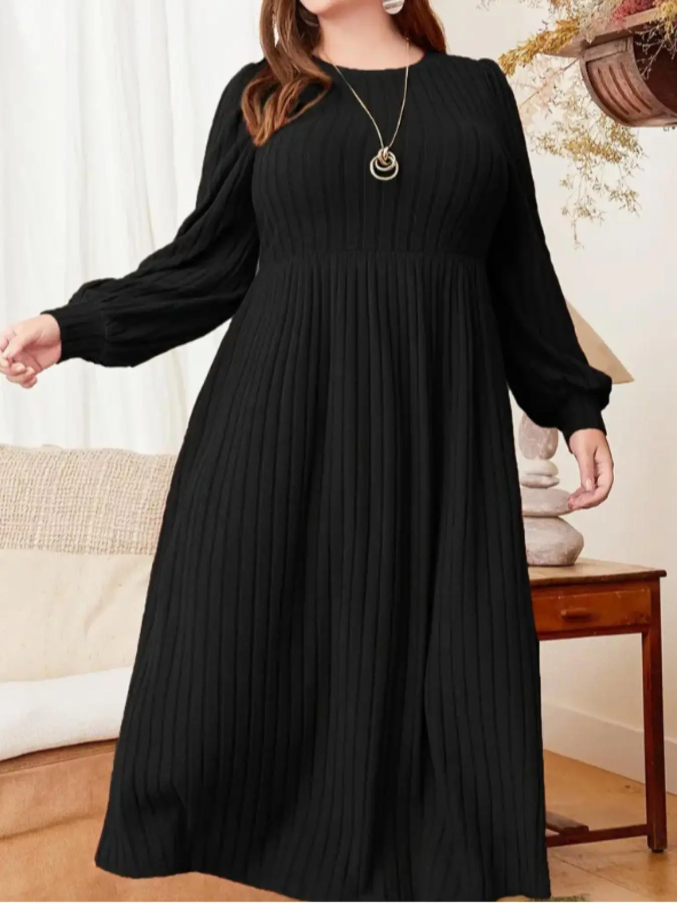 【Plus Size】 Solid Lantern Sleeve Pleated Dress, Casual Long Sleeve Round Neck A Line Dress for Fall & Winter, Women's Clothes for Daily Wear