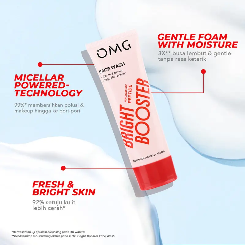OMG Oh My Glow Bright Booster Face Wash 50ml & 100ml - Untuk Semua Jenis Kulit - Membersihkan Hingga ke Pori Tanpa Membuat Kulit Kering, Mencerahkan, Menjaga Skin Barrier - Micellar Powered Technology - Mengandung Niacinamide + Peptide 3