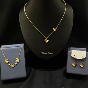 Kalung 2 Kupu Gold dan Gelang 3 Kupu Permata Adrika dan Anting Jepit Kupu Pasir Titanium Kirana Sellero