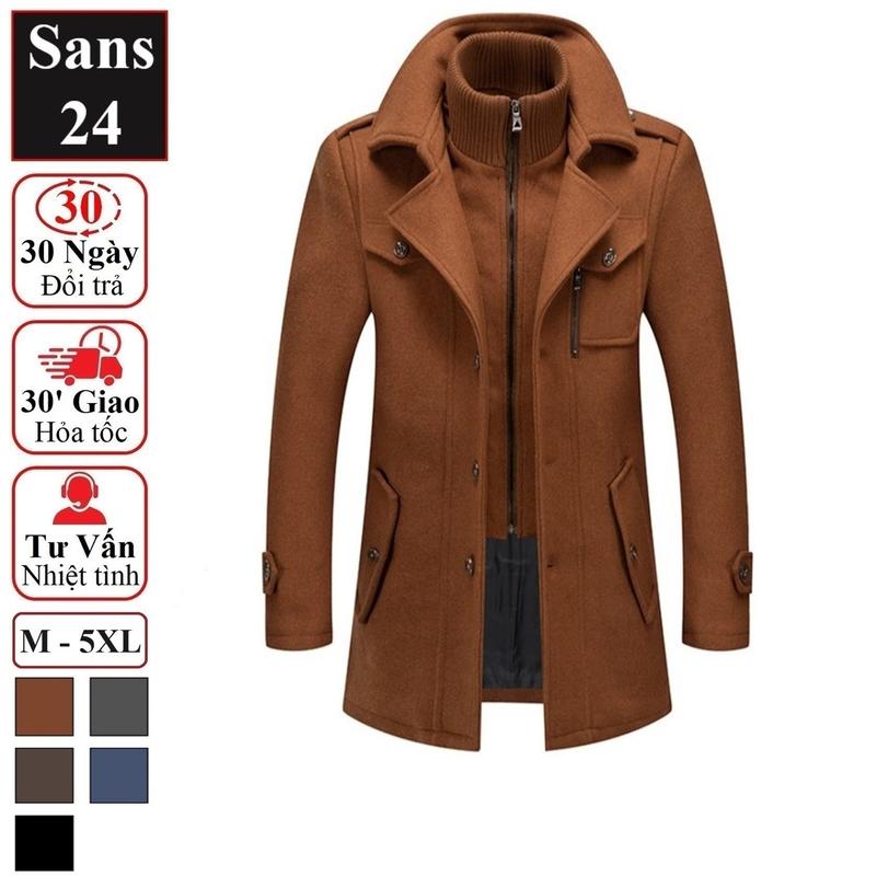 Áo khoác nam cao cấp Sans24 dạ len lông cừu ấm big size to đại 80kg 90kg 100kg màu đen nâu xám manto măng tô dáng ngắn