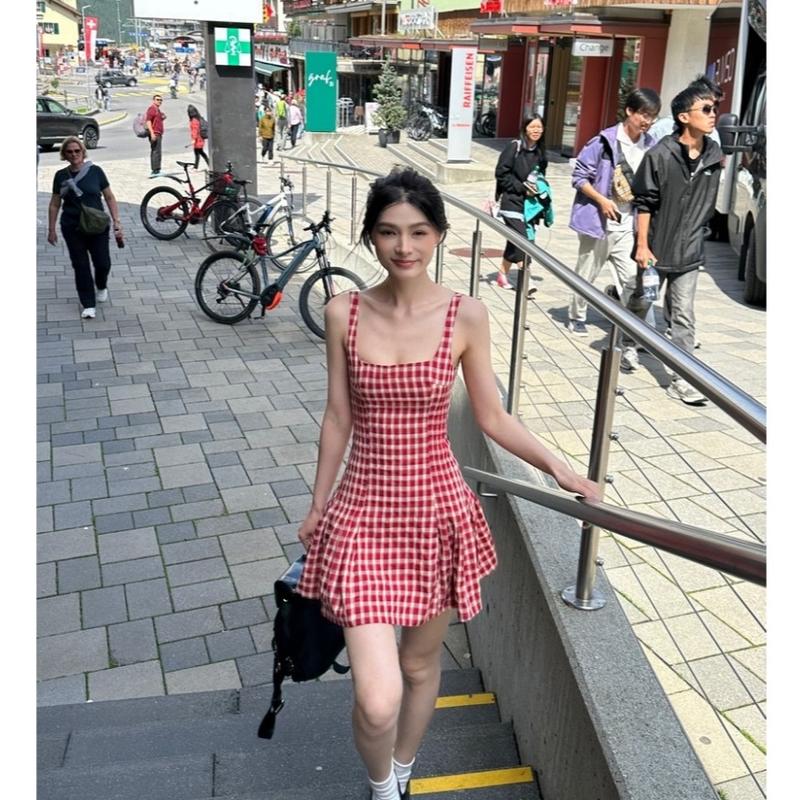 (40-80kg) Đầm Váy Caro Cổ Vuông Xếp Li Eo Form Xoè (Có BigSize) UnihomeClothing CT257