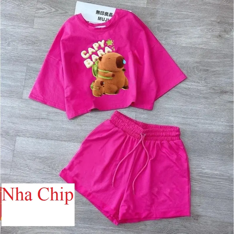 BỘ BÉ GÁI CROPTOP-IN HINH GẤU CAPYBARA Cotton