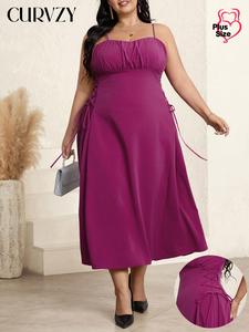 CURVZY Plus Size Plain Lace Up Cami Dress, Elegant Adjustable Strap Sleeveless Dress for Party Wedding Guest, Women's Clothes for All Seasons