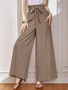 YOZY Women's Spring & Fall Thin Geometric Print Paper Bag Waist Shirred Wide Leg Pants, Fashion Casual High Waist Trousers, Women's Bottoms