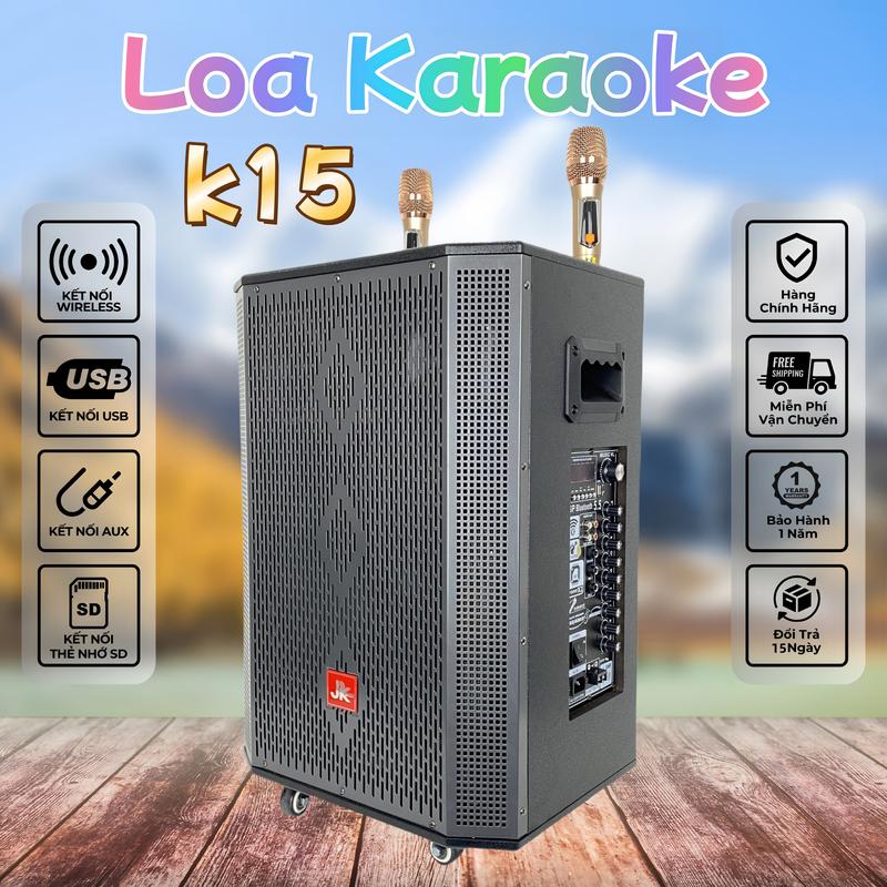 JK-K15 600W Loa kéo Karaoke Ngoài Trời Di Động Nghe Nhạc Xách Tay Bluetooth 3 Đường Tiếng - Bass 40cm Mid 14cm x 1 Treble x 1, UHF 2 Micro không dây Củ