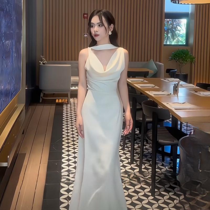 Đầm Maxi Lụa Hàn Châu 2 Lớp SILK DRESS Cổ Đổ Dây Choàng Trắng Đen SMLXL - Nữ Women Kem Sen Hoa Sen Sò váy phù dâu váy dâu đi bàn Voi Voan đỏ missavenue m đỏ và hồng váy dự tiệc váy body dáng dài vaynoel