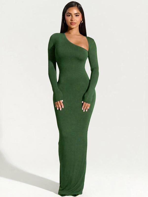 Women's Christmas Solid Asymmetrical Neck Split Bodycon Dress, Fit Long Sleeve Maxi Dress for Party Dating Wear, Ladies Clothes for All Seasons Valentine's Day, gift 4