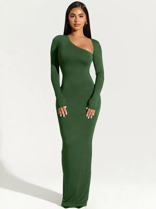 Women's Christmas Solid Asymmetrical Neck Split Bodycon Dress, Fit Long Sleeve Maxi Dress for Party Dating Wear, Ladies Clothes for All Seasons Valentine's Day, gift 4