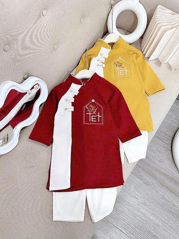   10-32kg  Set BỘ áo dài cách tân thêu TẾT cho bé trai  kèm quần  mẫu hot 2025 chất nhung lì mềm mại hình thêu phối áo bền đẹp phù hợp nhiều dịp lễ hội 