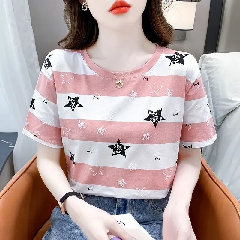 Popular Summer Printed Striped Short-Sleeved T-shirt Women's Summer Wear 2024 New Top Loose Ladies T-shirt Ins