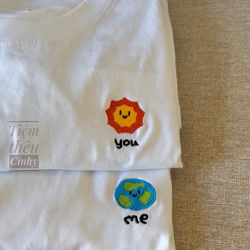 Áo đôi Nam Nữ thêu hình mặt trời và trái đất Thun Cotton 3