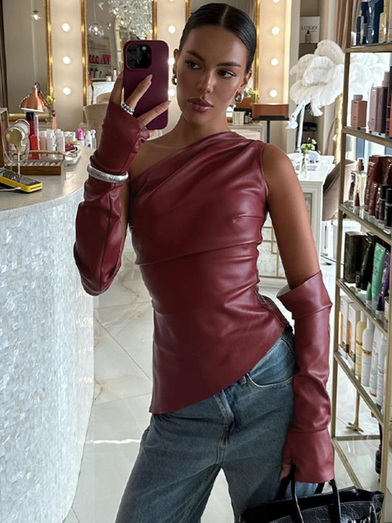 Product Introduction of Women's Solid Ruched Asymmetrical One Shoulder Pu Leather T-shirt with Gloves, Fashion Casual Zipper Side Sleeveless Top for Daily Outdoor Wear, Women Clothing for Spring & Fall Valentine's Day, Gift 10