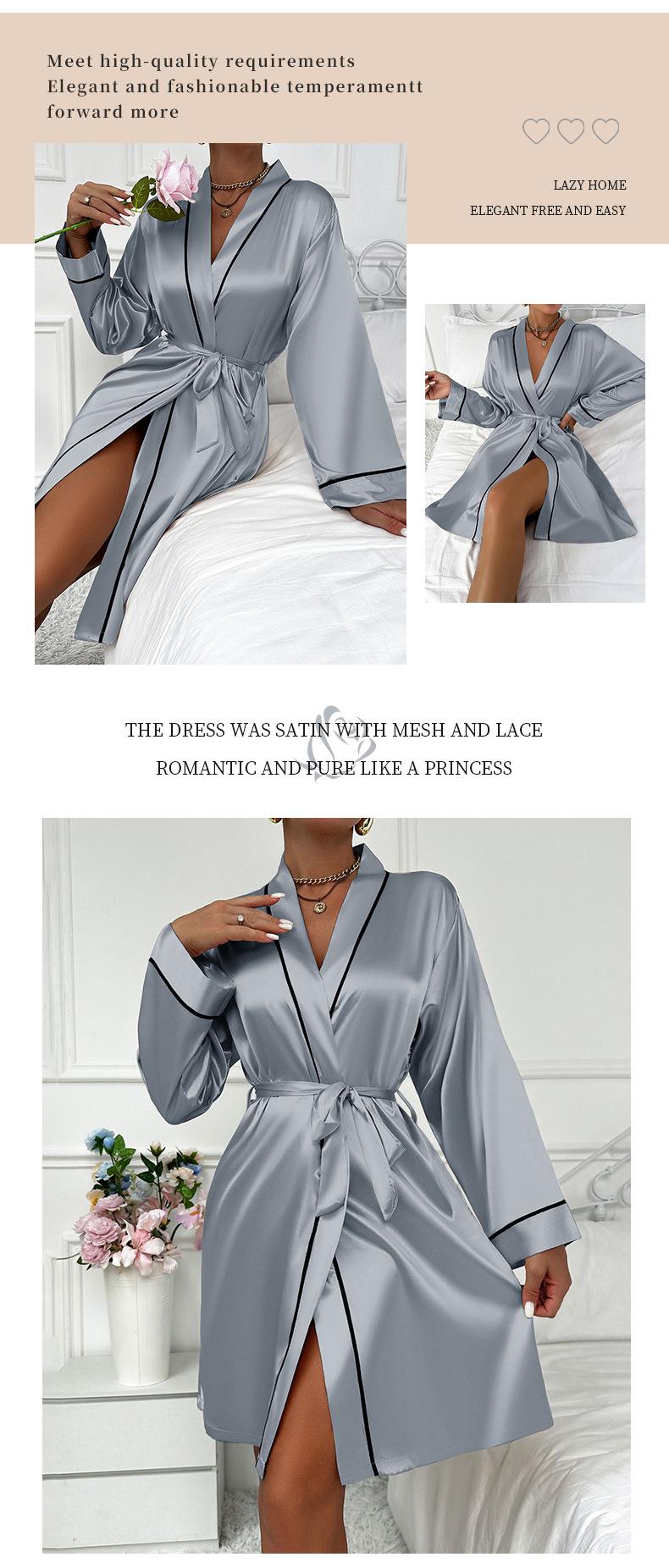 Product Introduction of 2025 Simple Four Seasons Long Sleeve Robe Cardigan Tie Women'S Bathrobe Loungewear European And American Style Imitation Silk Pajamas 10