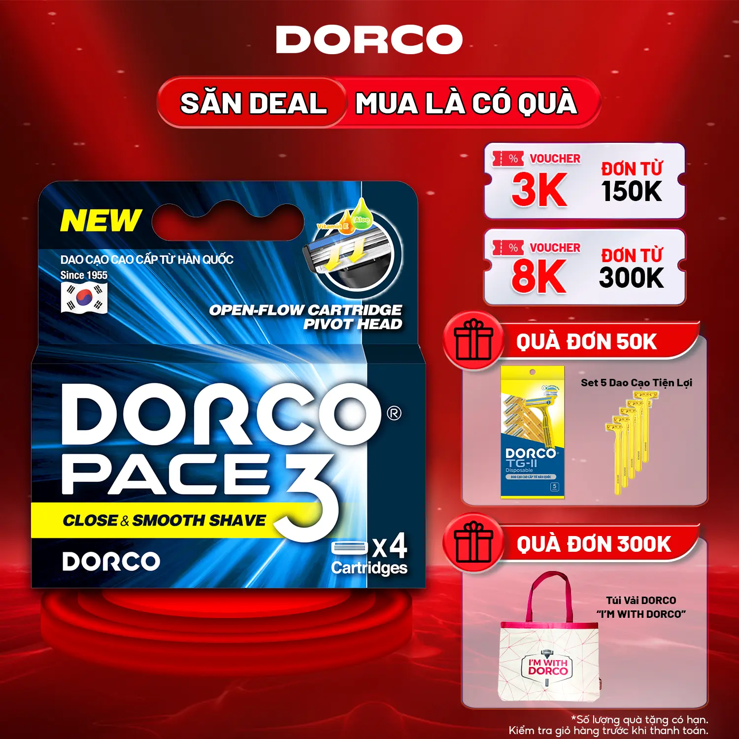 Dorco Pace 3 – Dao Cạo Râu Hàn Quốc 3 Lưỡi - Hộp 4 Đầu Cạo