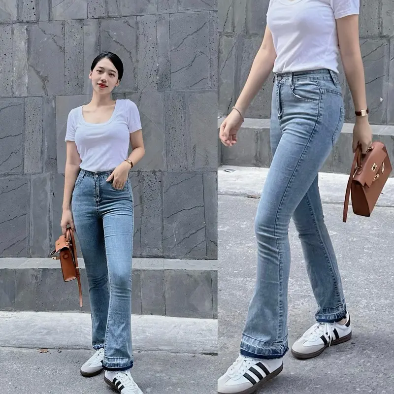 Quần jeans nữ cạp cao ống loe QC phối gấu