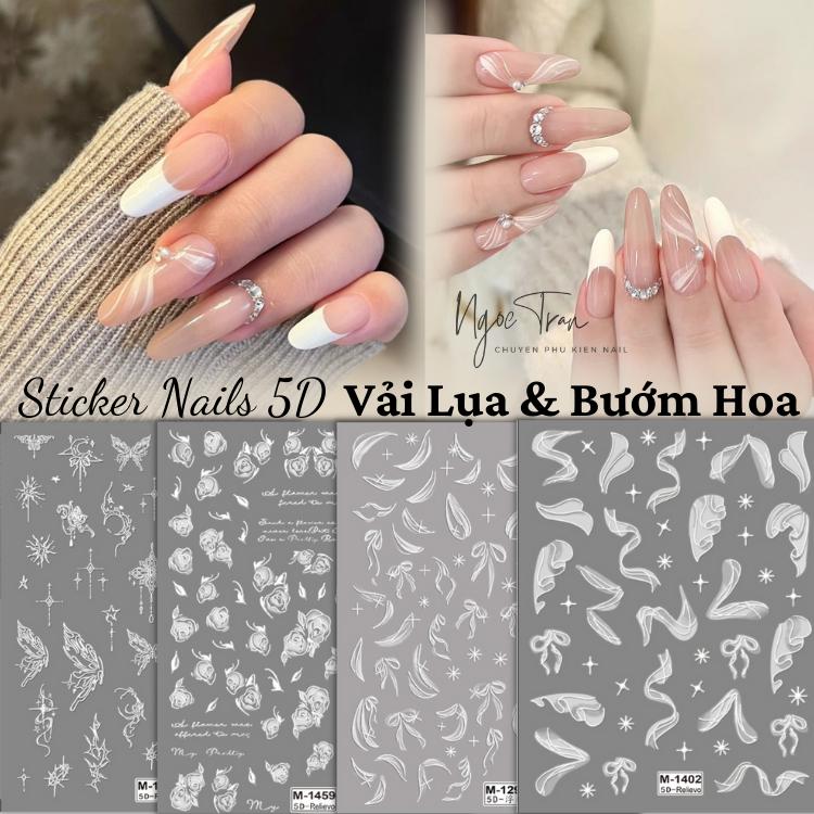  Sticker Lụa Nổi 5D | Vải Lụa & Bướm Hoa Trắng | Hình Dán Móng Tay 