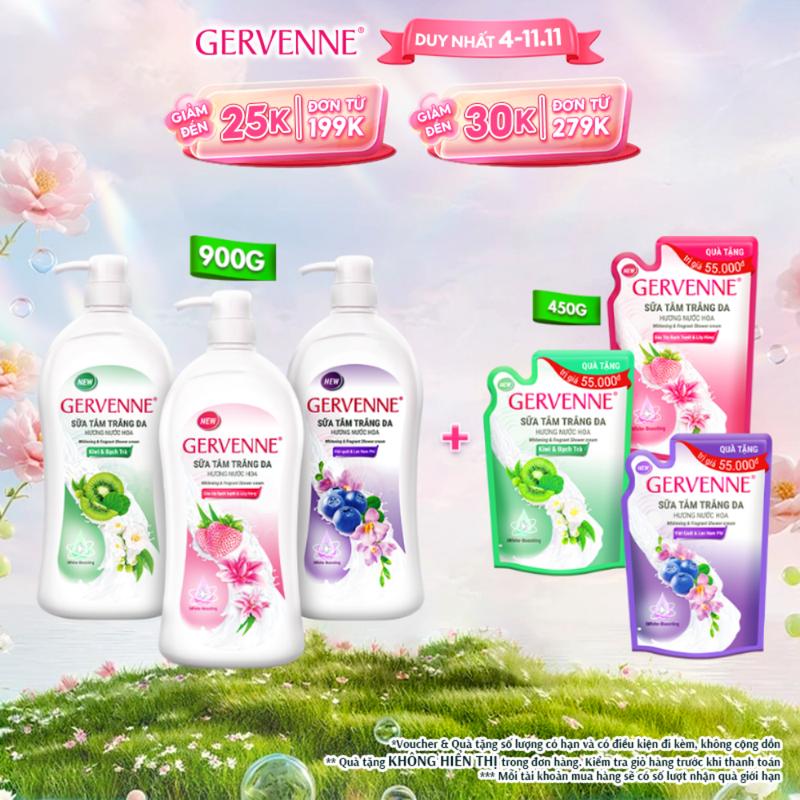   ĐỘC QUYỀN KOL  -  TẶNG TÚI 450G  Sữa tắm trắng dưỡng body hương nước hoa Gervenne 900G + Túi sữa tắm  mùi ngẫu nhiên  450G 