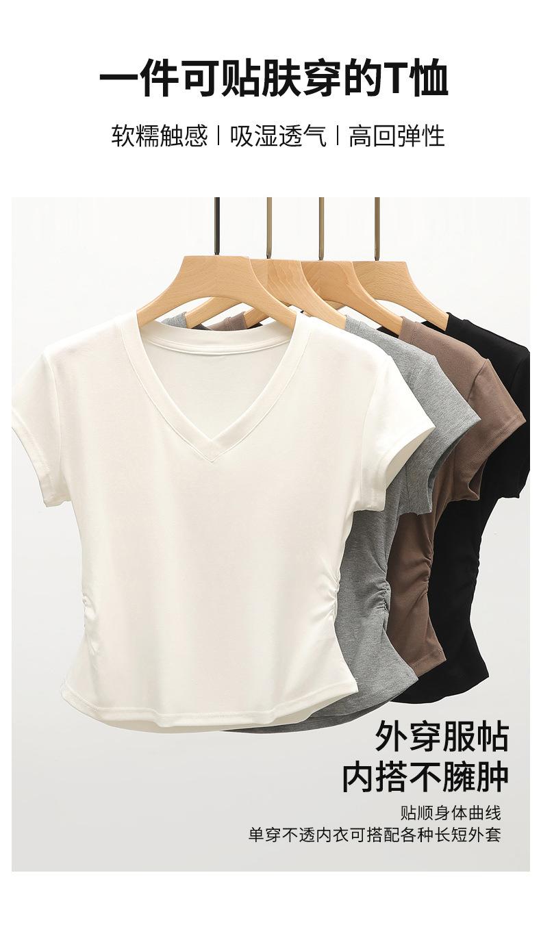 Product Introduction of Summer New Slim Fit V-Neck Short Sleeve T-Shirt for Women, Versatile Waist-Cinching Slimming High-End Top, Niche Style 12