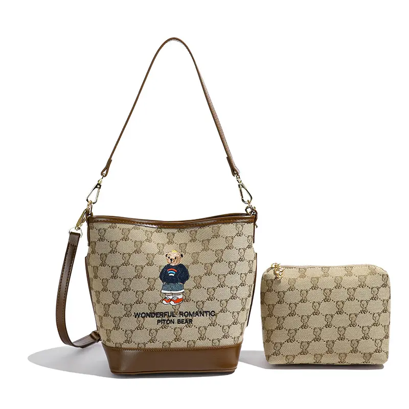 Túi Xách Nữ Bucket Bag Đeo Chéo Đeo Vai Sét 2 Túi Xách Thêu Hình Thời Trang Sang Chảnh Bag Hoa Kem