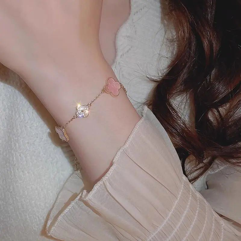 Four-leaf clover pink bracelet Fritillaria flower advanced temperament luxury 2024 new