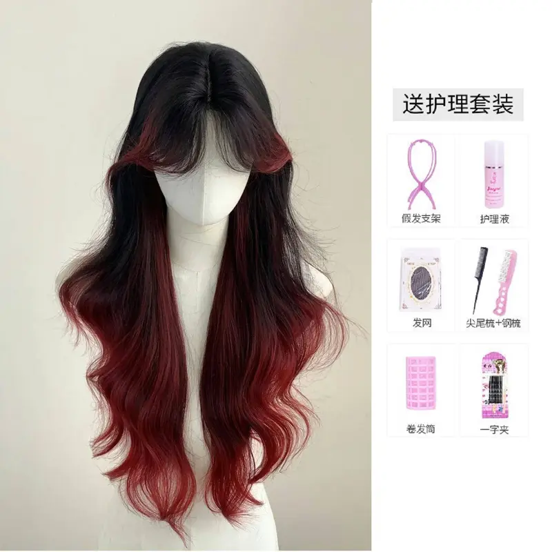 Tóc Giả Toàn Đầu, Gradient Đỏ Gradient Mới, Phong Cách Nữ Thần Tóc Xoăn Dài, Tóc Giả Ngôi Giữa, Thích Hợp Cho Các Bữa Tiệc Ngọn Lửa, [Ngọn Lửa] Hàng Mới Về 2