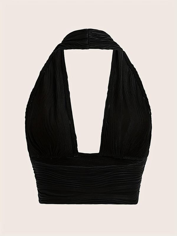 Women's Textured Plunge Neck Sleeveless Halter Crop Top, Trendy Backless Crop Tank Top for Party Holiday Beach, Summer Clothes Tops 1