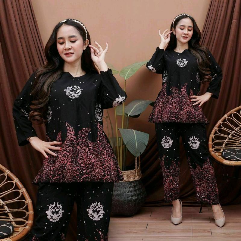 piyama baju tidur wanita dewasa setelan celana panjang busui rayon nyaman tebal lembut santai busui abstrak kekinian Motif Pendek 5