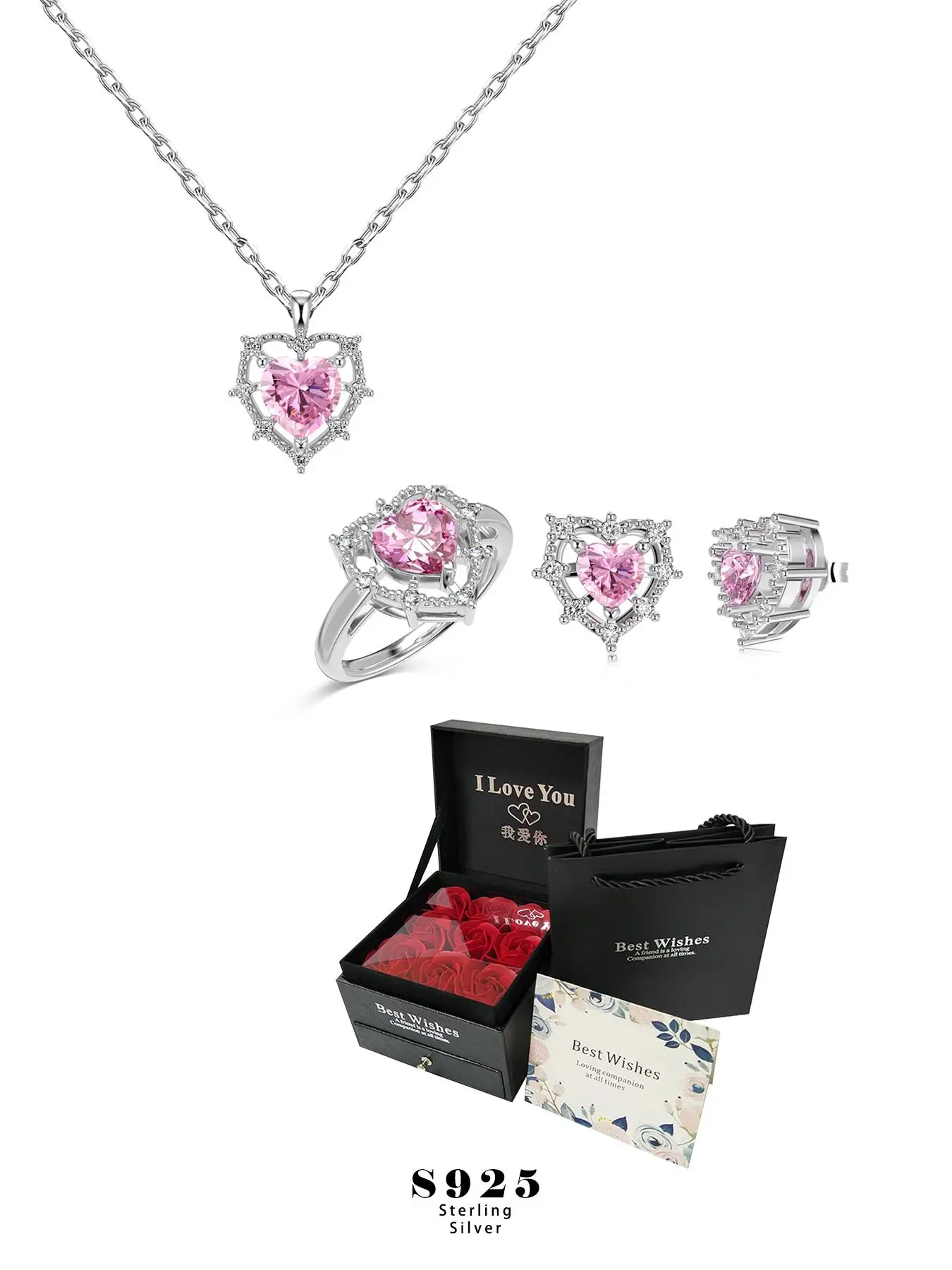 S925 Sterling Silver Fashion Heart Shaped Rhinestones Decor Jewelry Set, Including Ring & Necklace & Earrings, Fashion Jewelry for Party, Daily Decor, Trendy All-match & Exquisite Jewelry for Birthday Gift