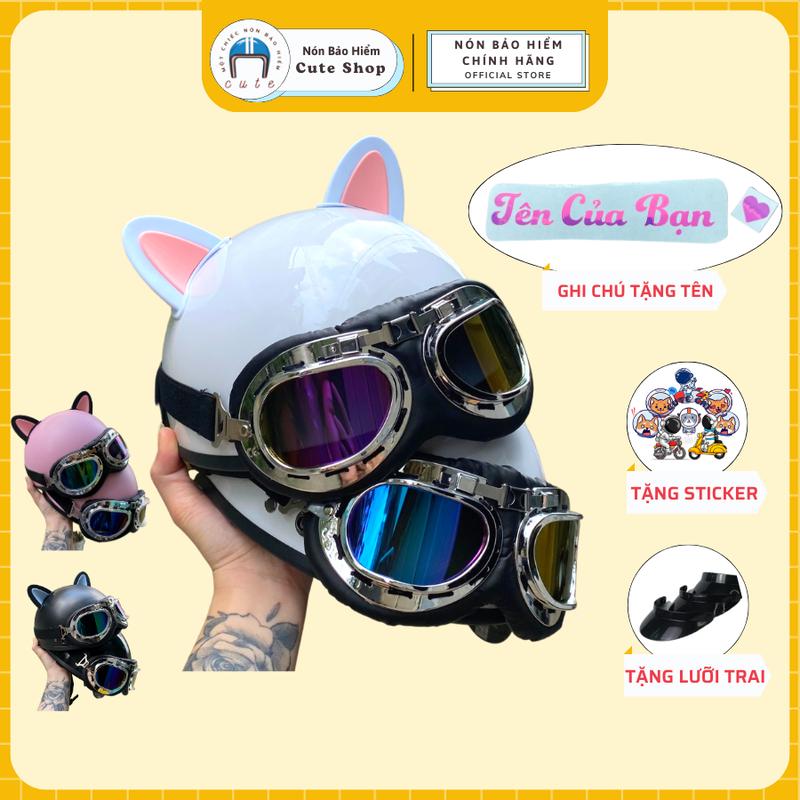 Nón Bảo Hiểm Kính Phi Công Kèm Tai Mèo 2 Màu