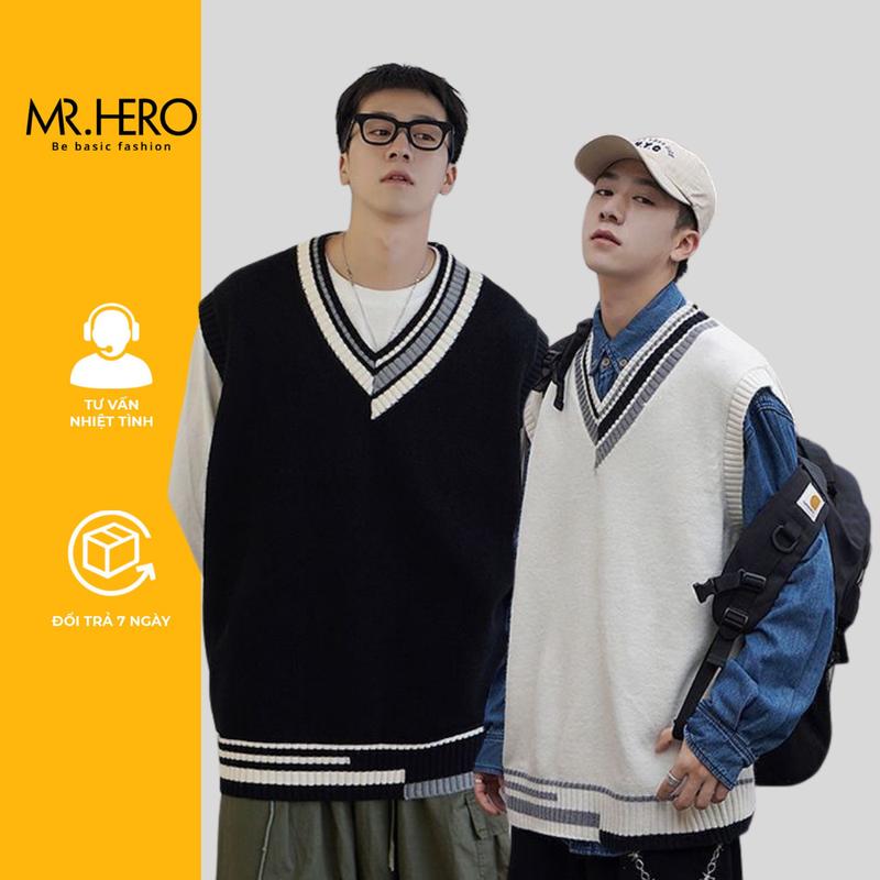 Áo len gile nam sweater cổ tim không tay form rộng AL25 Mrhero Cổ chữ V Menswear Cổ Tròn