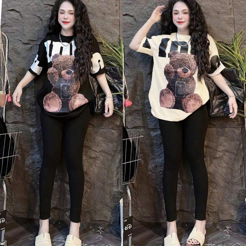  { Chất Liệu Gân Tăm QC } Set Đồ Bộ Nữ Dáng Quần Dài Ôm + Áo Thun Form Rộng In GẤU XÙ Bigsize 45-85KG Mặc Nhà Đi Chơi TOP NU 