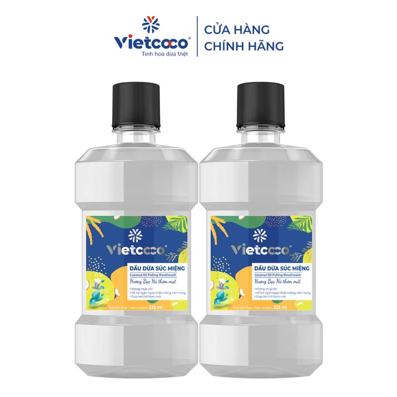 [COMBO 2 CHAI] Dầu dừa súc miệng Vietcoco Hương Bạc Hà thơm mát - chai 225ml