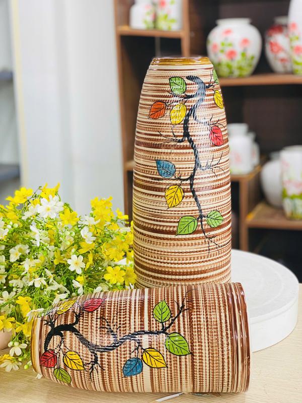 Bình Chuông Thon Vẽ Lá Cao 34Cm - Màu Nâu Vàng, Bình Gốm Mộc Cắm Đào, Tuyết Mai.. Decor Phòng Trang Trí Nhà Thủy Tinh bát