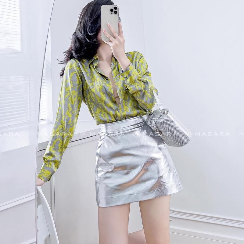 Áo Sơ Mi Lụa Dài Tay Hoạ Tiết Beo Xanh Cốm và Ghi, Áo Sơ Mi Nữ Công Sở, Hàng Thiết Kế Cao Cấp Minan Boutique