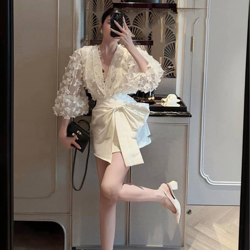 BASIC.CHIC Set áo hồ điệp + chân váy tafta nơ eo 2 màu đen trắng 8