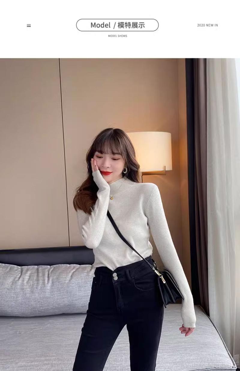 Product Introduction of High-End Western Style Inner Wear Bottoming Shirt for Women 2024 Spring and Autumn New Style Wooden Ear Mock Neck Sweater Knitwear Top 8