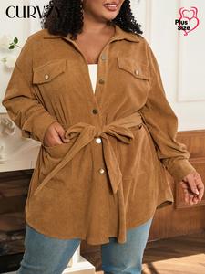 CURVZY Plus Size Autumn Aesthetic Solid Button Front Belted Corduroy Coat, Casual Drop Shoulder Long Sleeve Collared Outerwear for Fall & Winter, Women's Clothes for Daily Wear