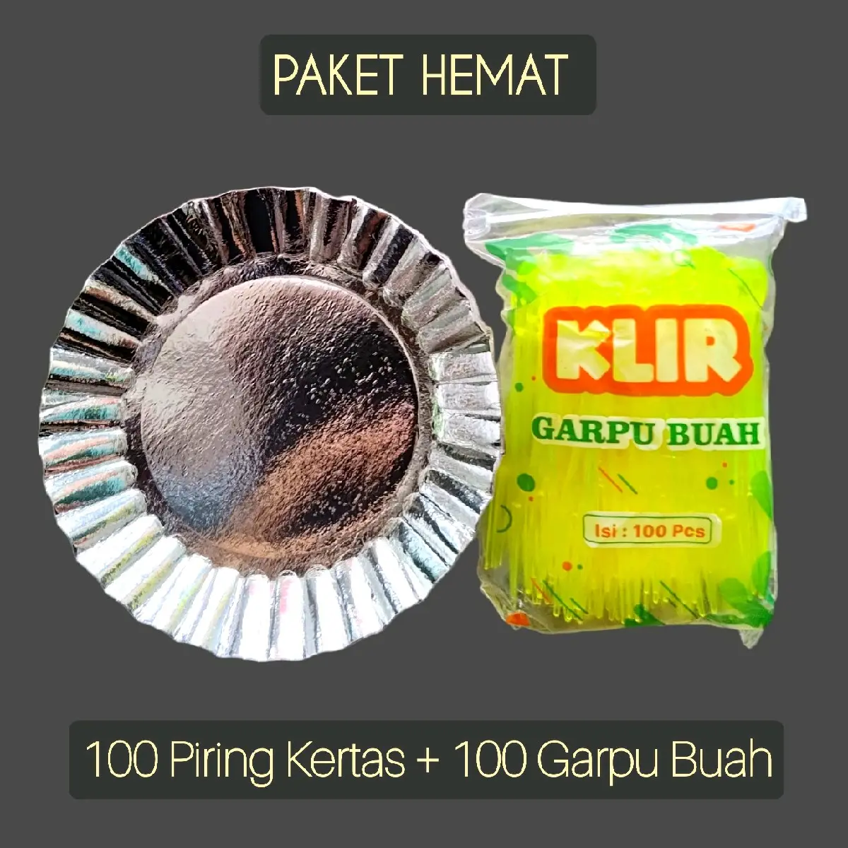 {Paket Hemat} 100 Piring Kue Kertas + 100 Garpu Buah / Kue