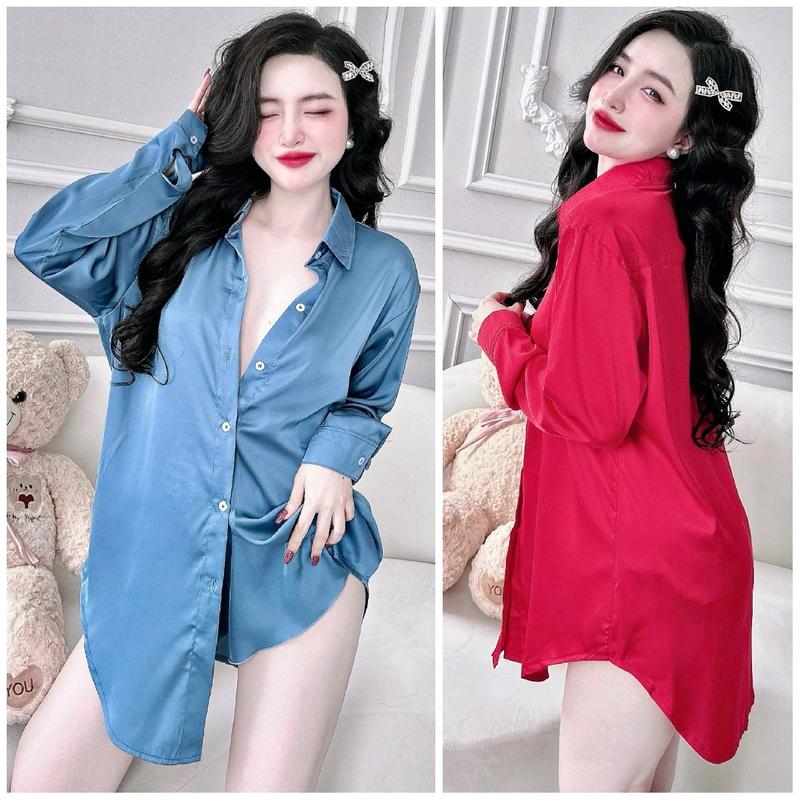 Đầm Sơ Mi Tay Dài Kèm Quần Đùi Lụa Latin Mềm Mát Áo Women Nữ có thể giặt máy bộ ngủ Kem rose  đồ pijama